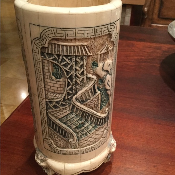 Other - Antique Hand Carved Bone Brush Pot 9 1/2” x 5 1/2”